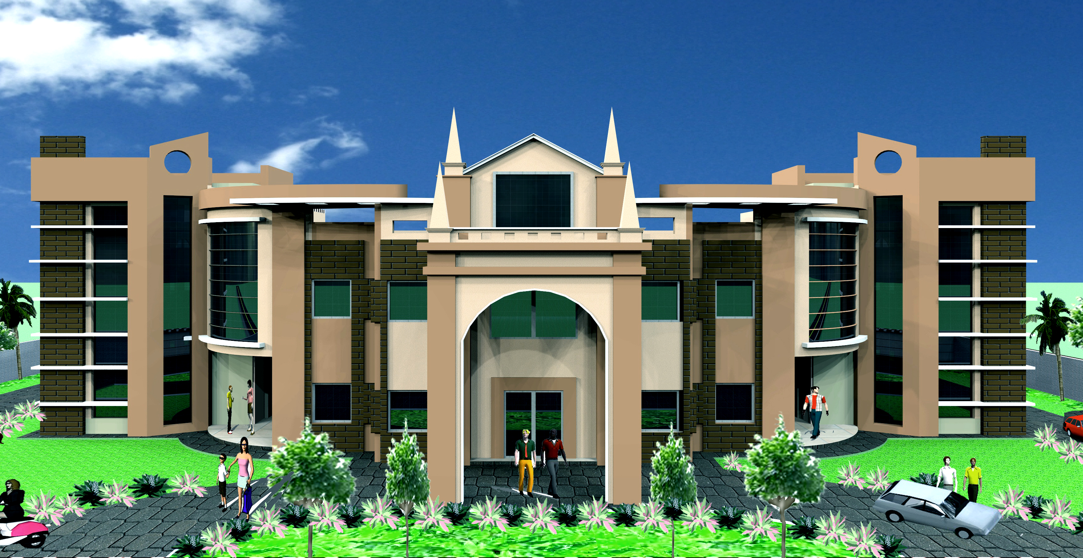 3D elevation of a large symmetrical commercial building with a central arch and curved glass wings