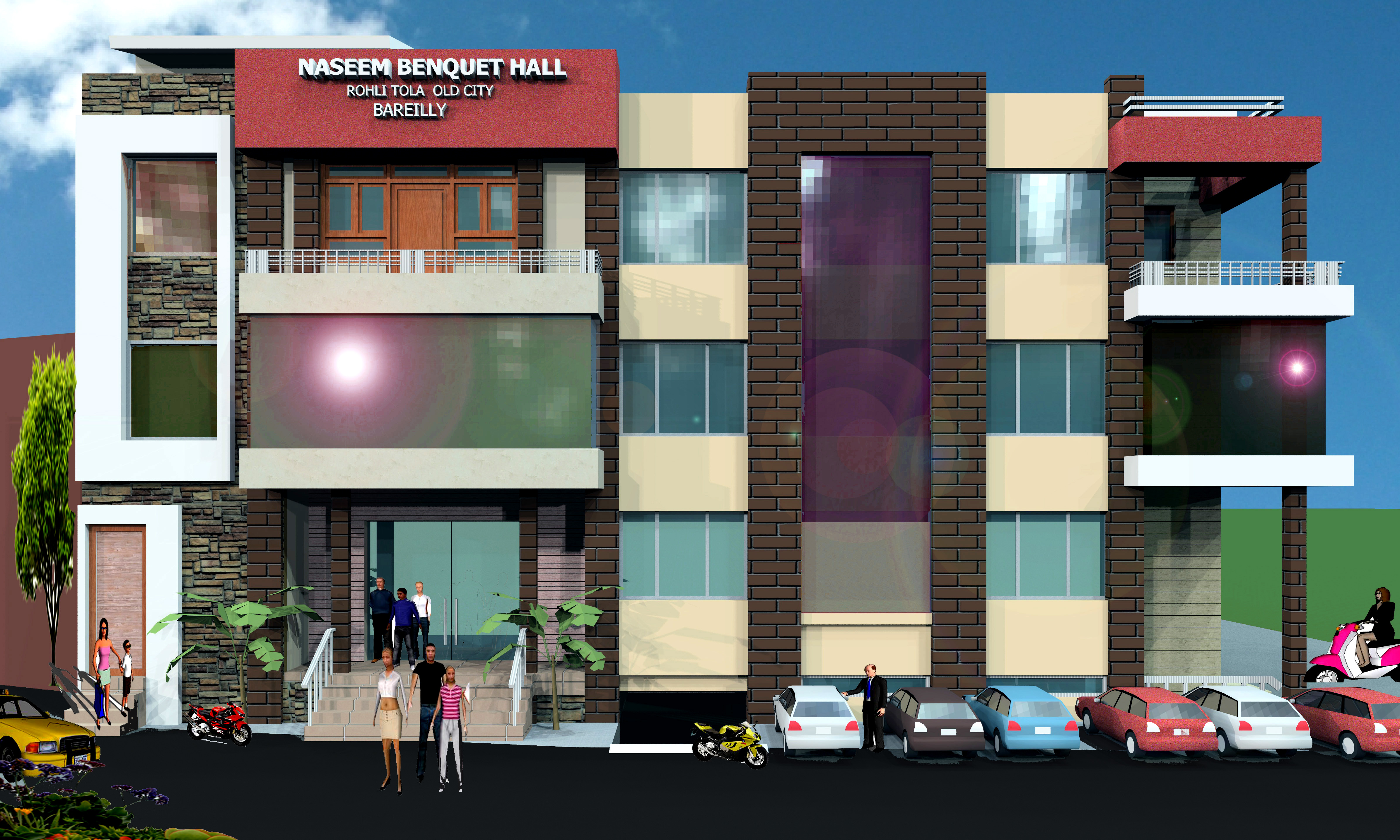3D elevation of a banquet hall with brick and tan stone facade