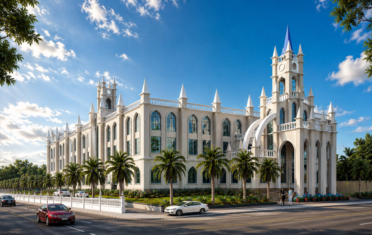 Wide view of the institutional campus building