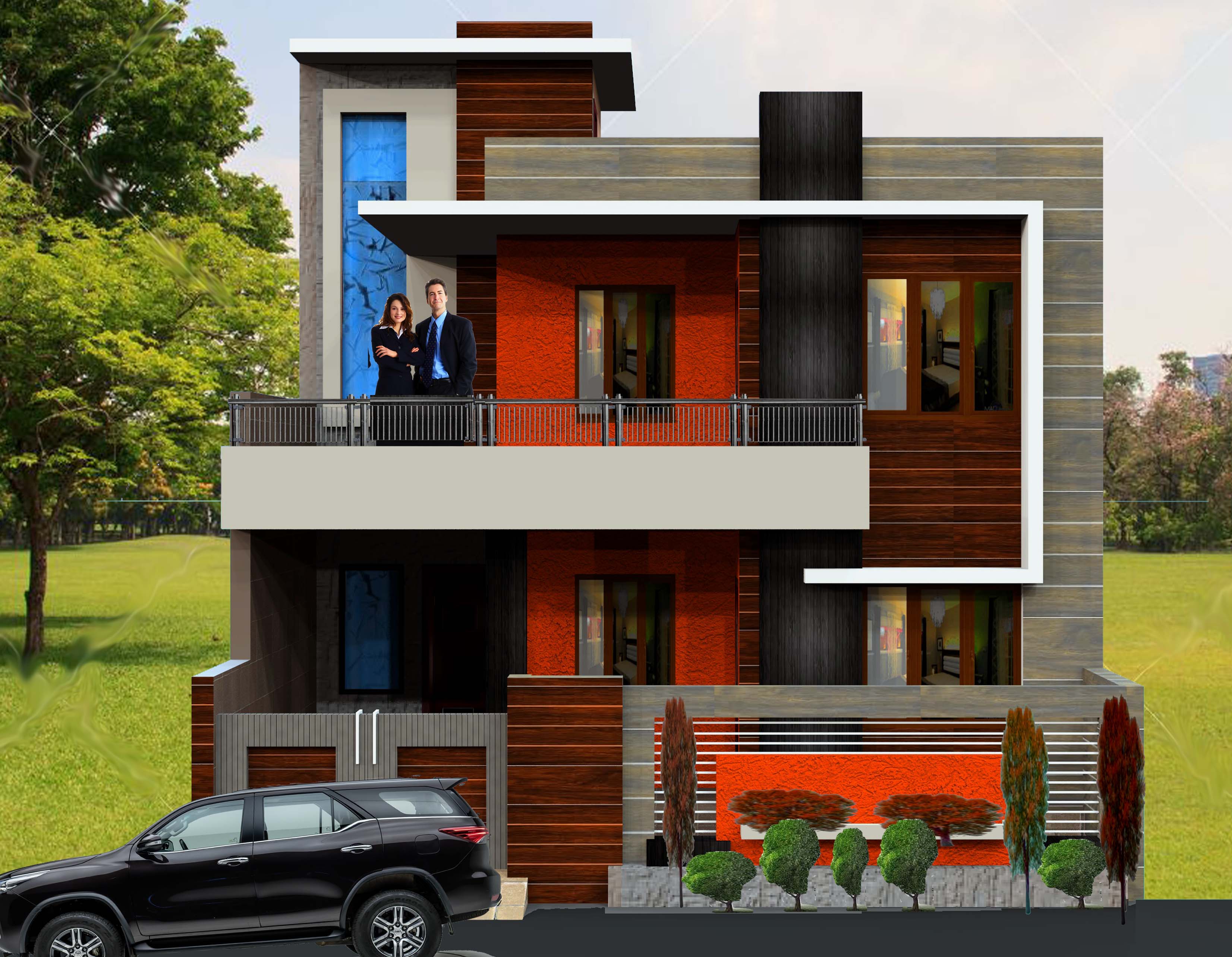 3D elevation of a two-storey residence with dark timber panelling and accent lighting