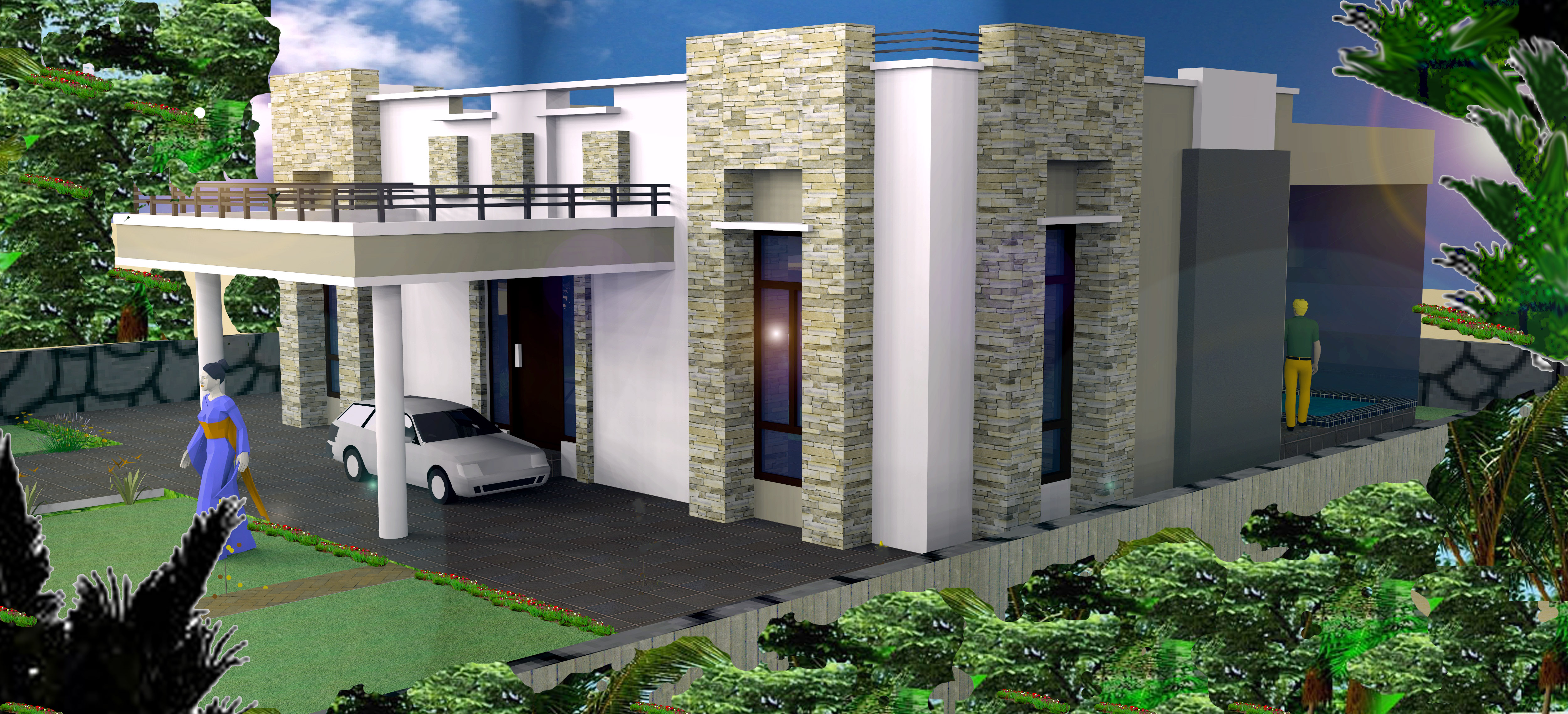 3D elevation of a single storey residence with heavy stone cladding
