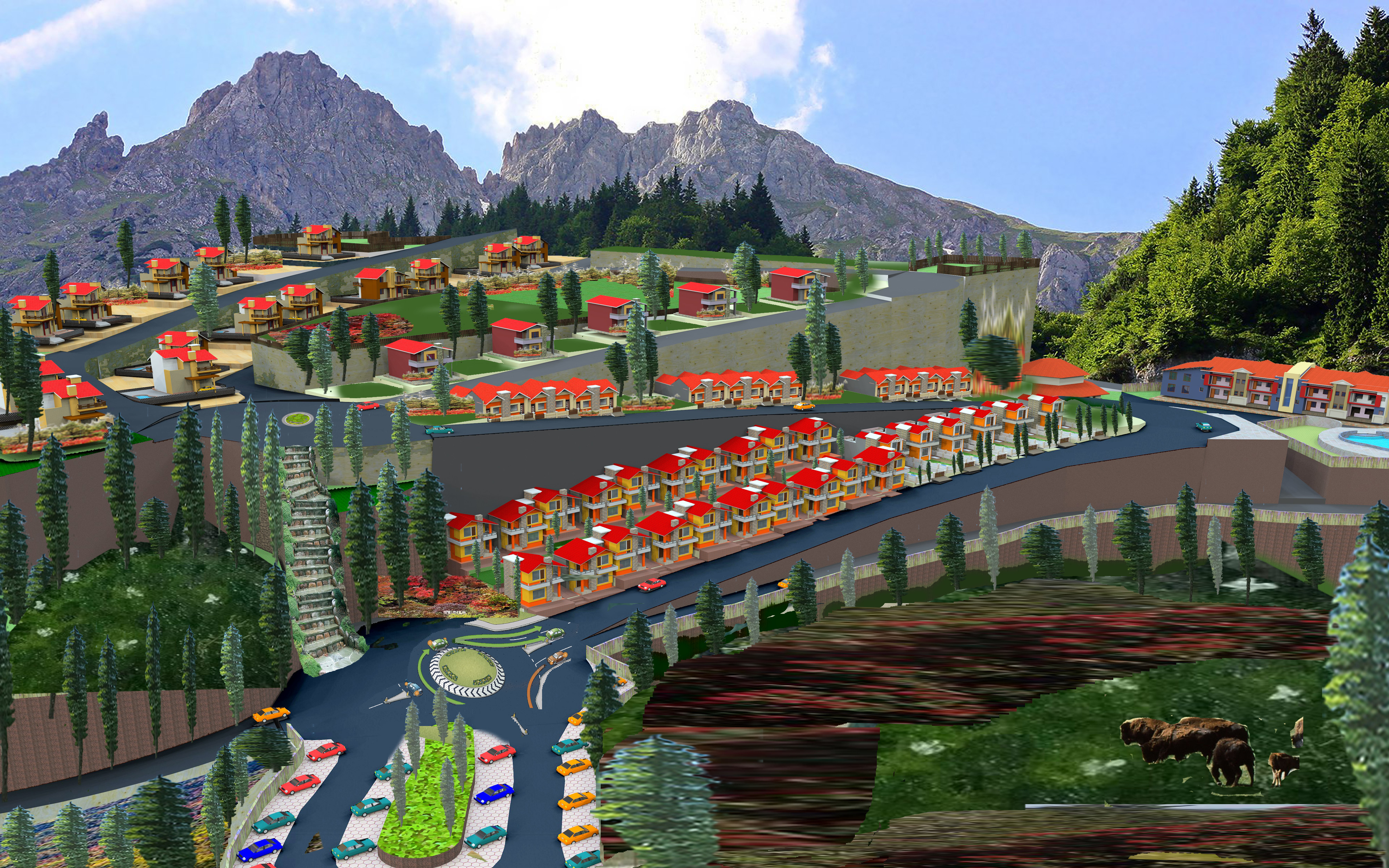 3D master plan render of a hillside residential township layout