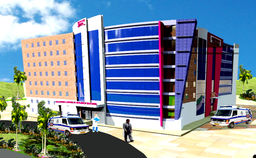 3D elevation of a hospital building with blue glazing and ambulance drop-off