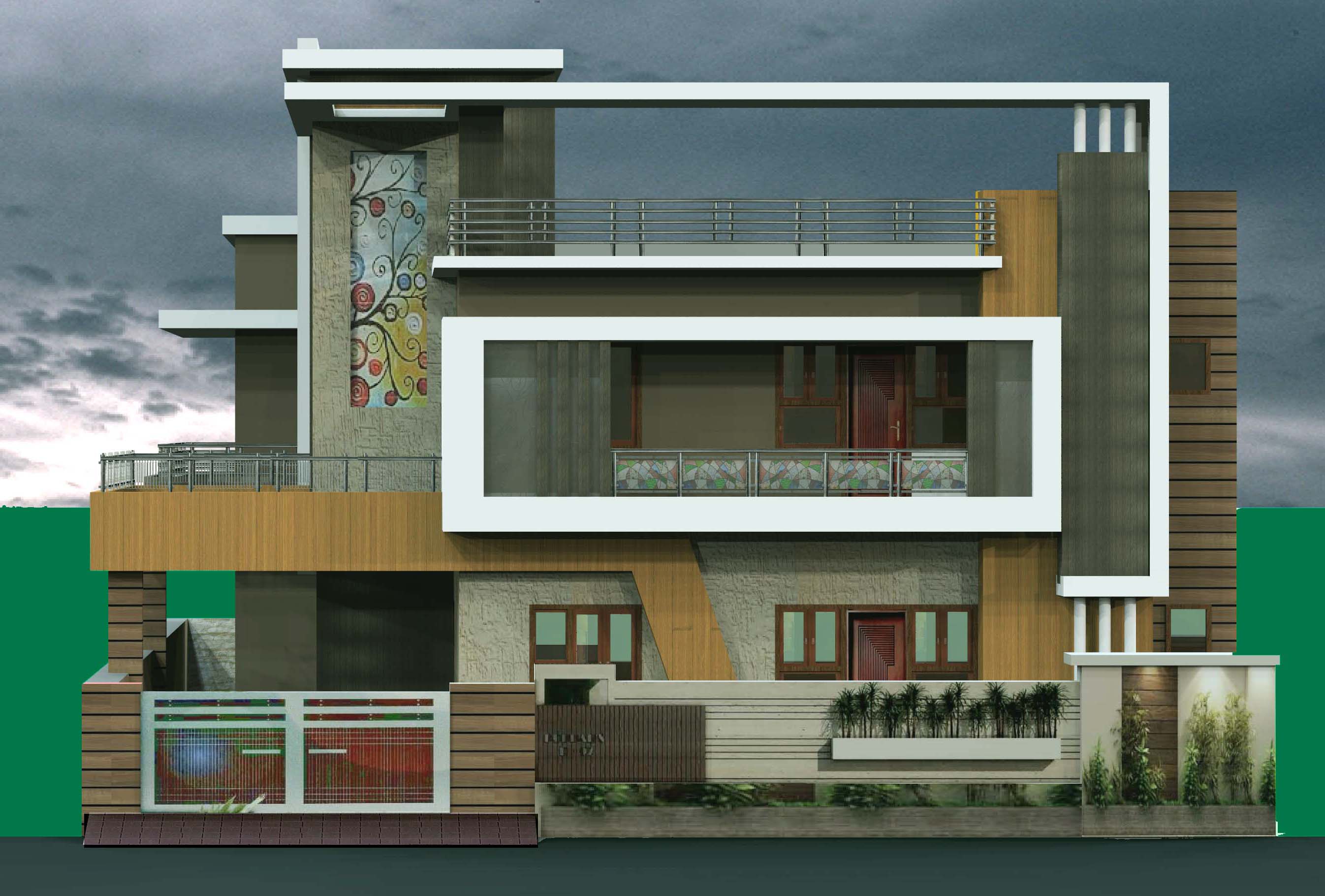 Three-storey residence elevation in wood, stone and plaster