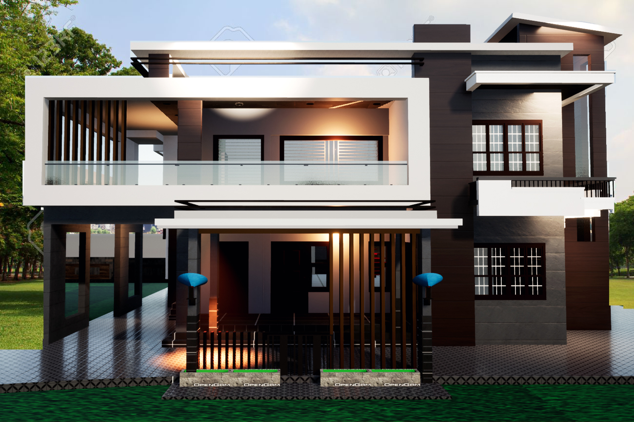 3D elevation of a modern villa with a wide white balcony and dark timber slats