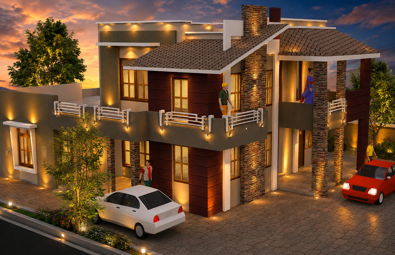 Sloping roof residence with stone chimney at sunset