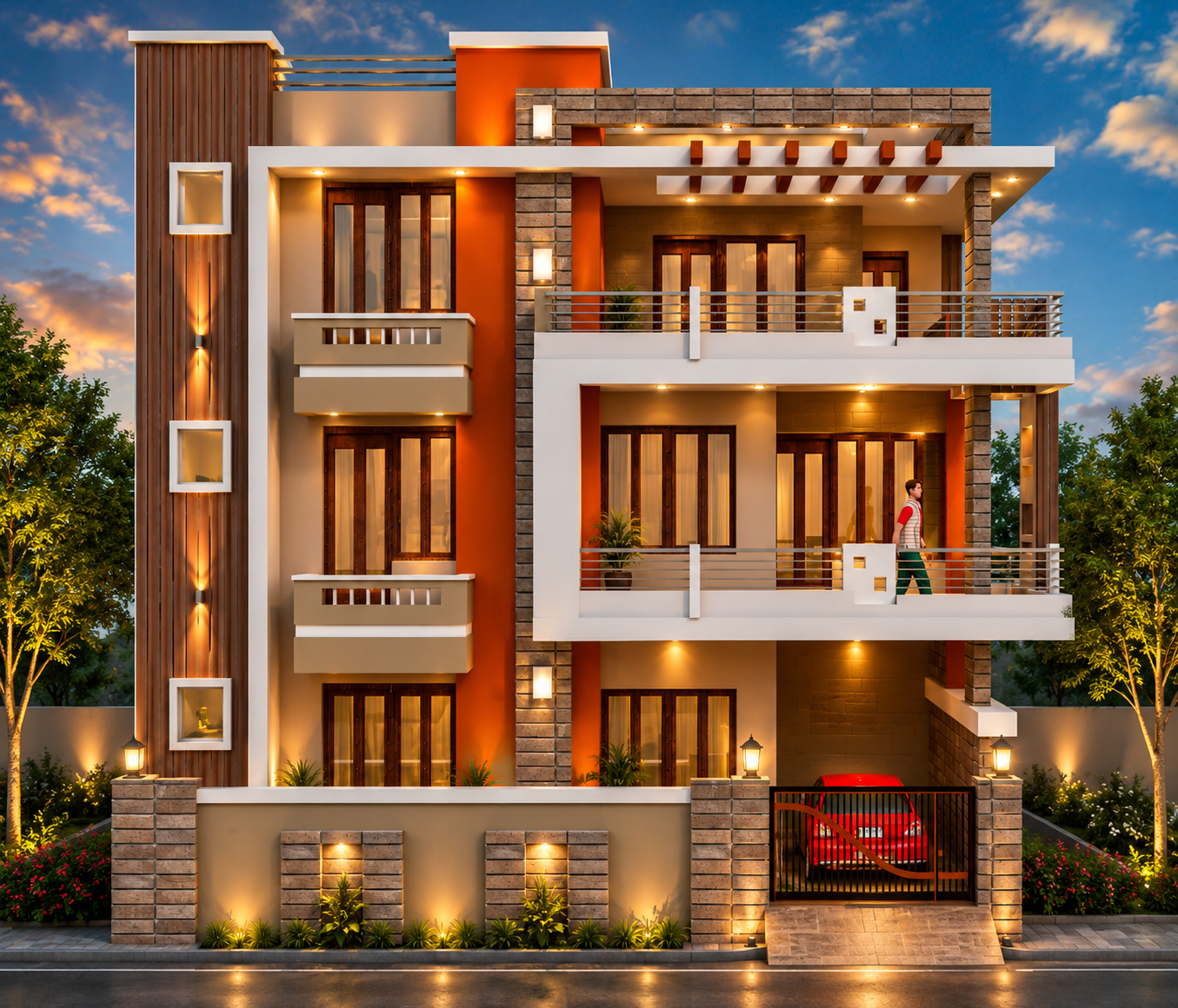 3D front elevation of a luxury three-storey residence at dusk with stone cladding and warm lighting
