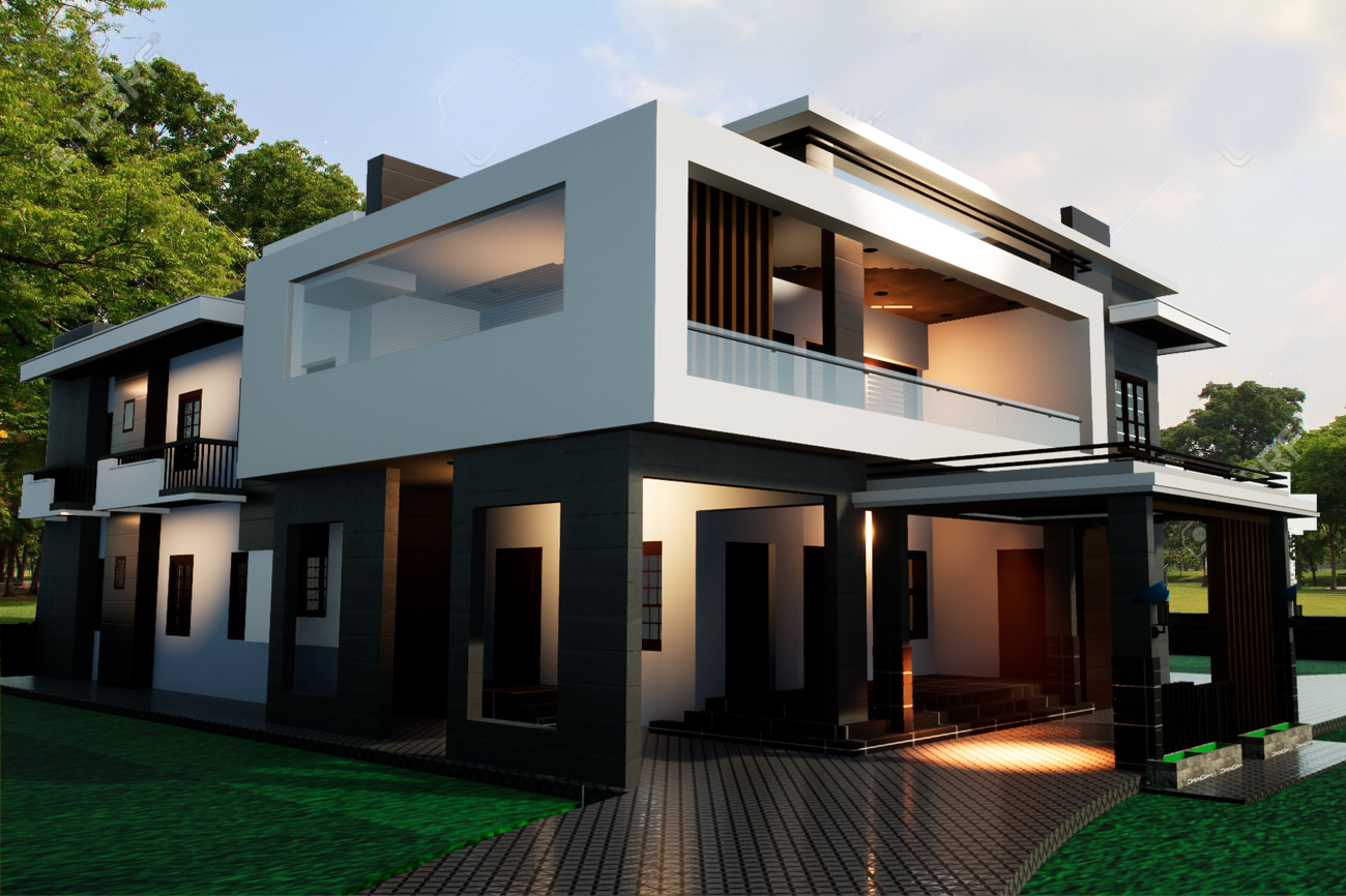 Perspective view showing the car porch and ground level