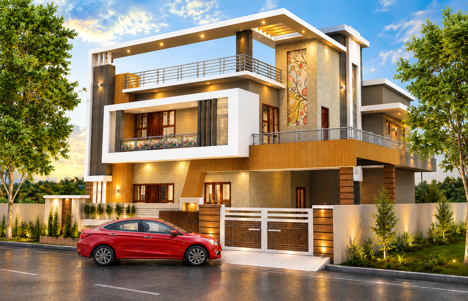 3D front elevation render developed from the floor plan