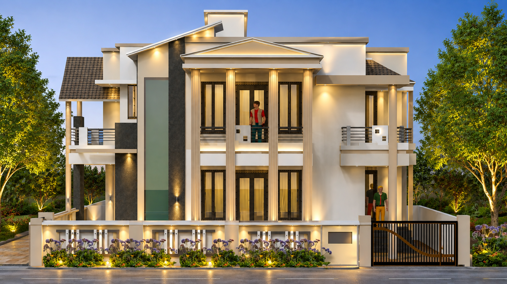 Symmetrical classical-modern residential facade with columns and warm lighting