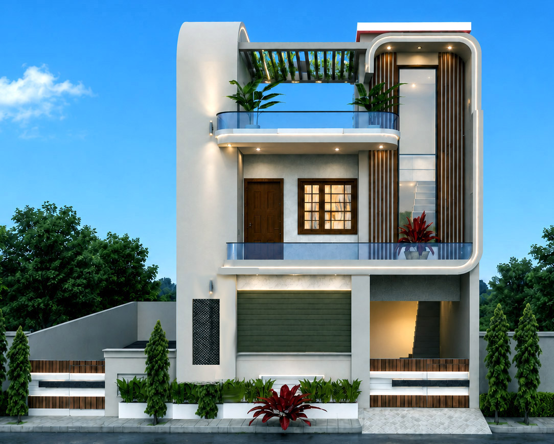 3D front elevation of a narrow modern three-storey house with a curved illuminated facade element
