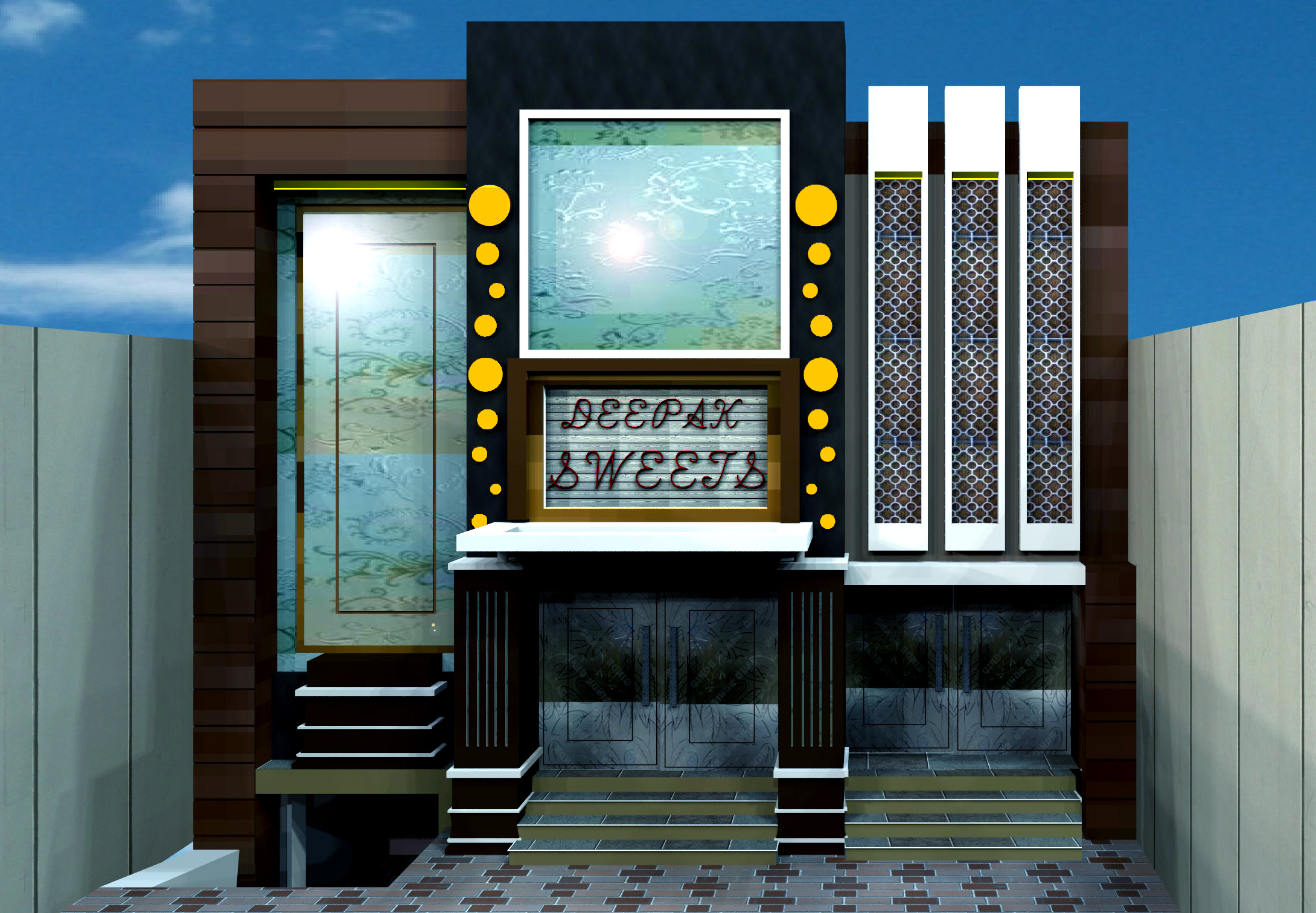 3D facade design for a sweet shop with modern signage and decorative panels